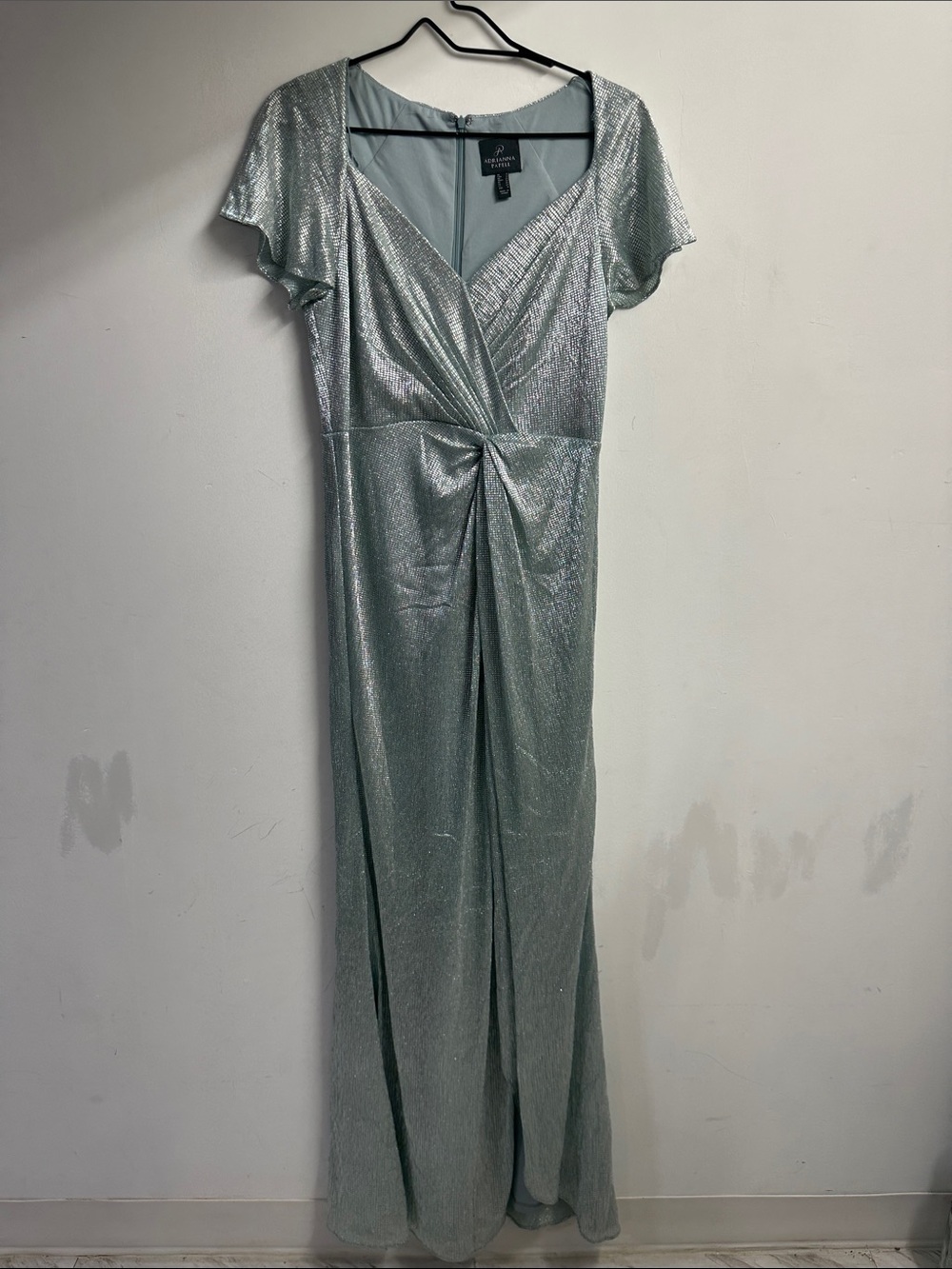 Adrianna Papell Silver-Green Metallic Wrap Maxi Dress